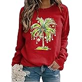 Huovud Christmas Sweatshirts for Women – Lightweight Christmas Palm Tree Graphic Pullover Top, Casual Festive Xmas Shirt