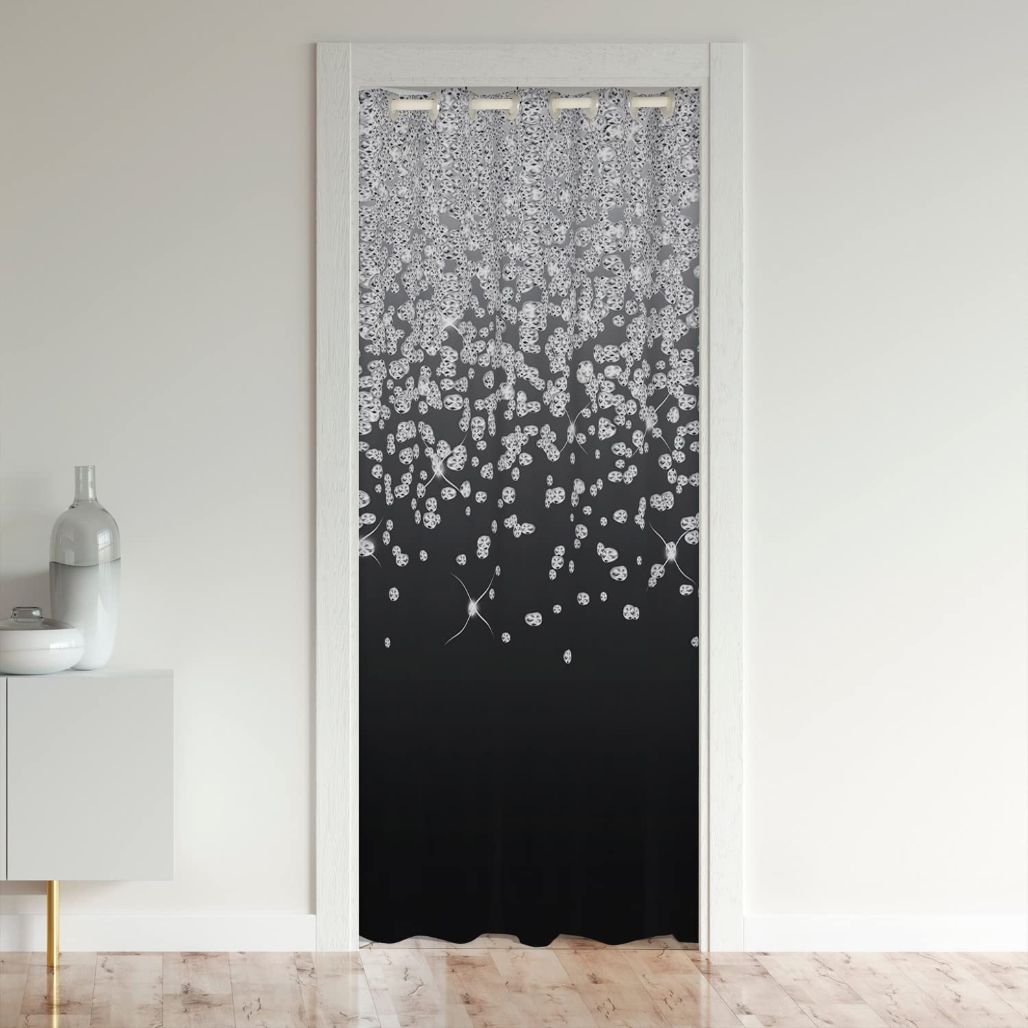 Loussiesd Diamond Doorway Privacy Curtain-Glitter Heat Blocking Blackout Door Cover For Bedroom-Silver Shiny Darkening Panel 132x203cm