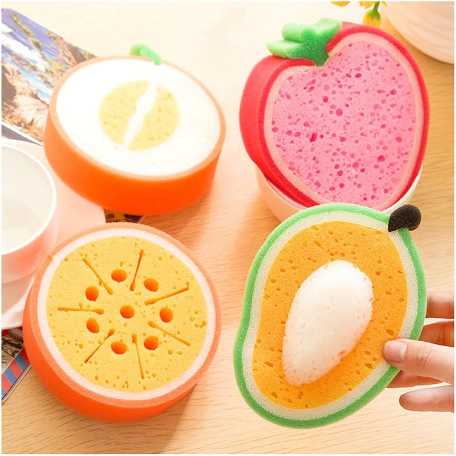 Comfysail Fruit Shaped Sponge Scourer Kitchen Cleaning Brush Cleaner Scrubber Orange/Cantaloupe/Strawberry/Persimmon (Pack of 4)