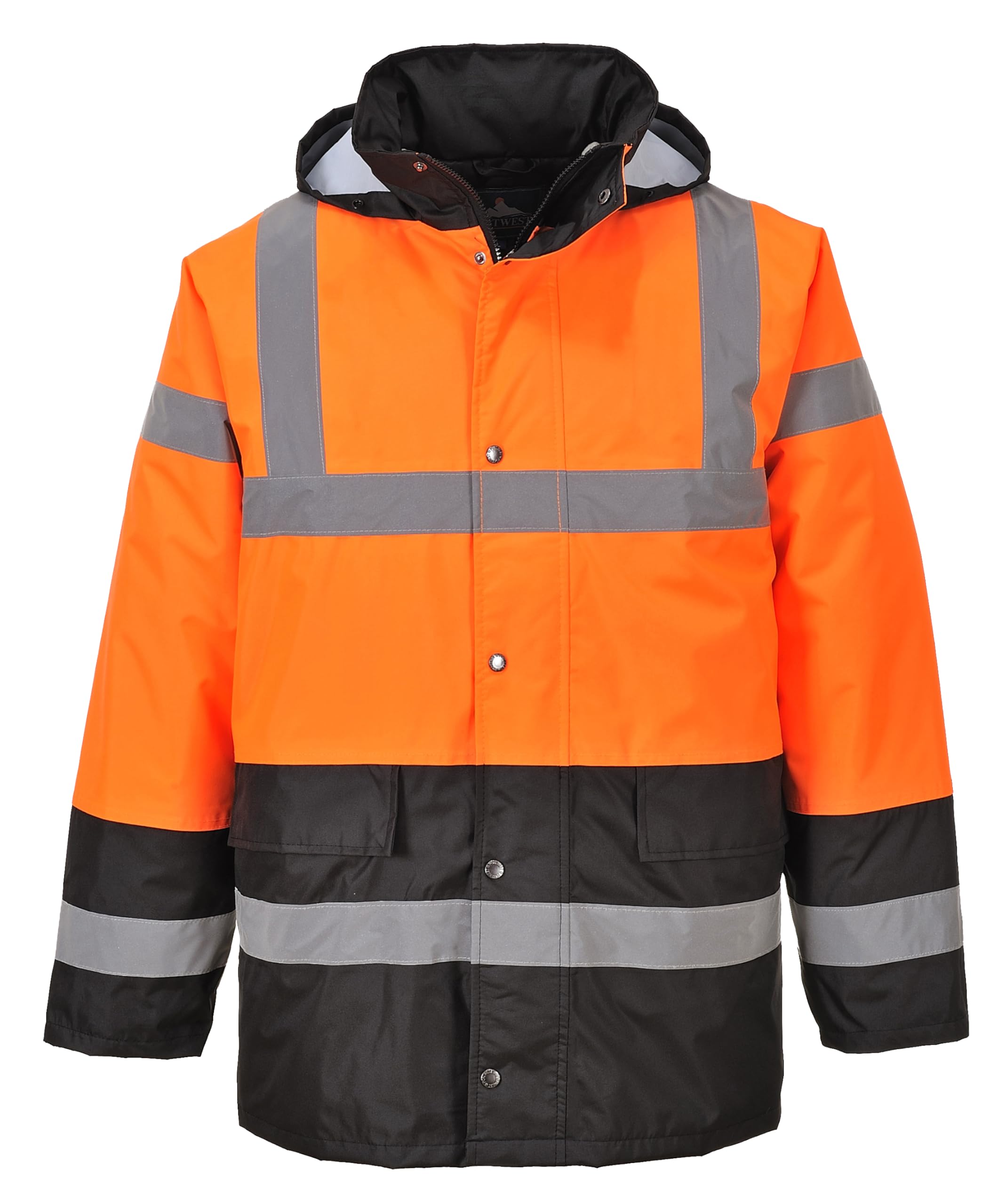 Portwest S467 Men's Hi Vis Contrast Winter Traffic Jacket EN342 CE Certified Waterproof Quilt Lined Storm Flap Reflective Tape Hood Safety Coat, Orange/Black, Small