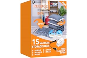 GONGSHI 15 Pack Vacuum Storage Bags with Electric Pump (3 Jumbo, 3 Large, 3 Medium, 3 Small, 3 Roll Up), Space Saver Sealer Compression Bags for Blankets, Comforters, Pillows, Clothes Storage