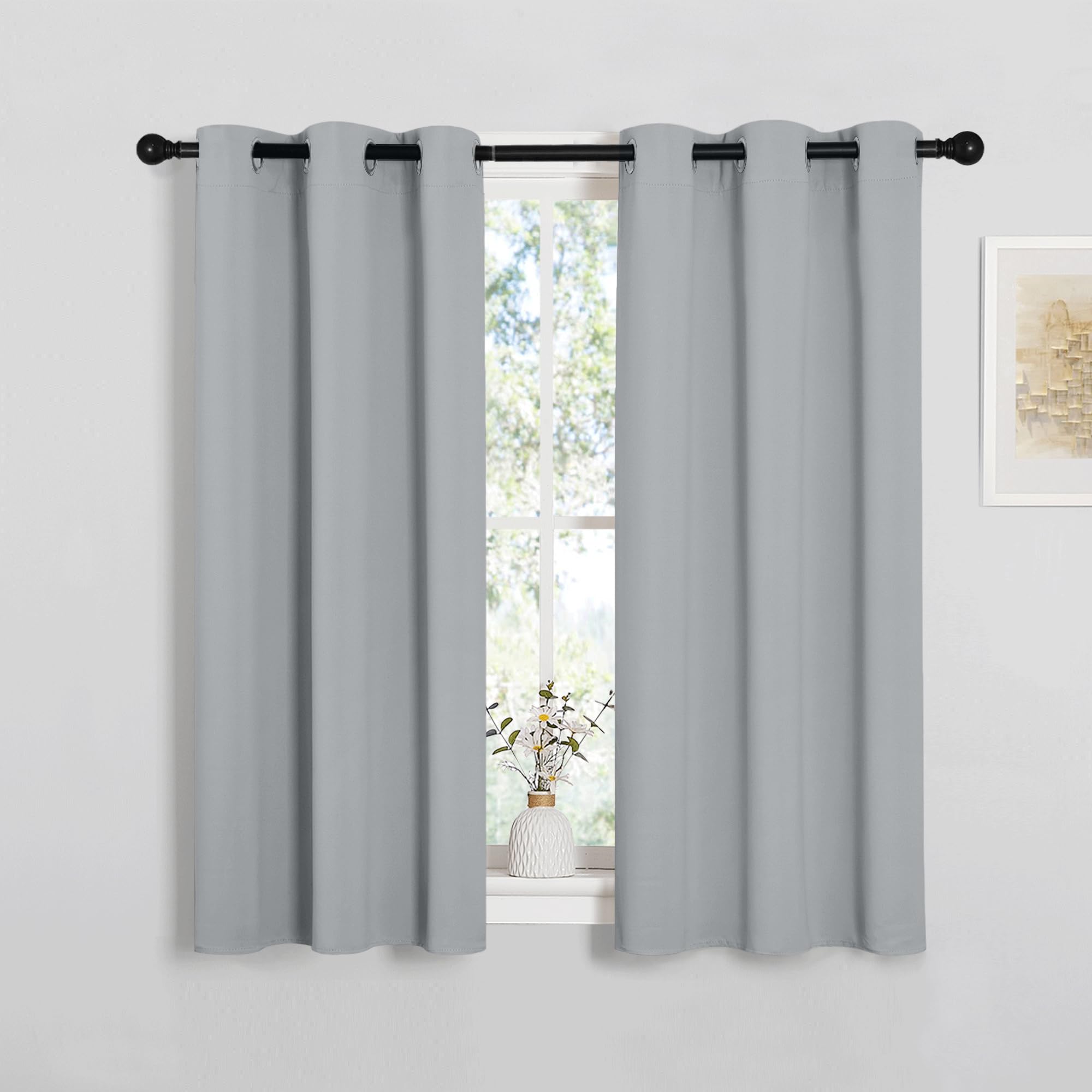 PONY DANCE Silver Grey Thermal Blackout Eyelet Curtains for Small Windows Kitchen Short Soundsproof Sunlight Blocking Curtains & Drapes for Kids Bedroom, W 34" x L 45", 2 Panels