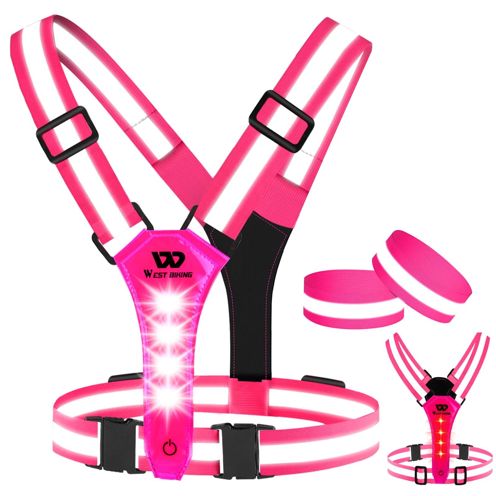 West Biking LED Reflective Running Vest, USB Rechargeable Running Lights for Runners, Elastic Adjustable Reflective Running Gear, High Vis Running Vest with Armbands for Walking Running Cycling (Pink)