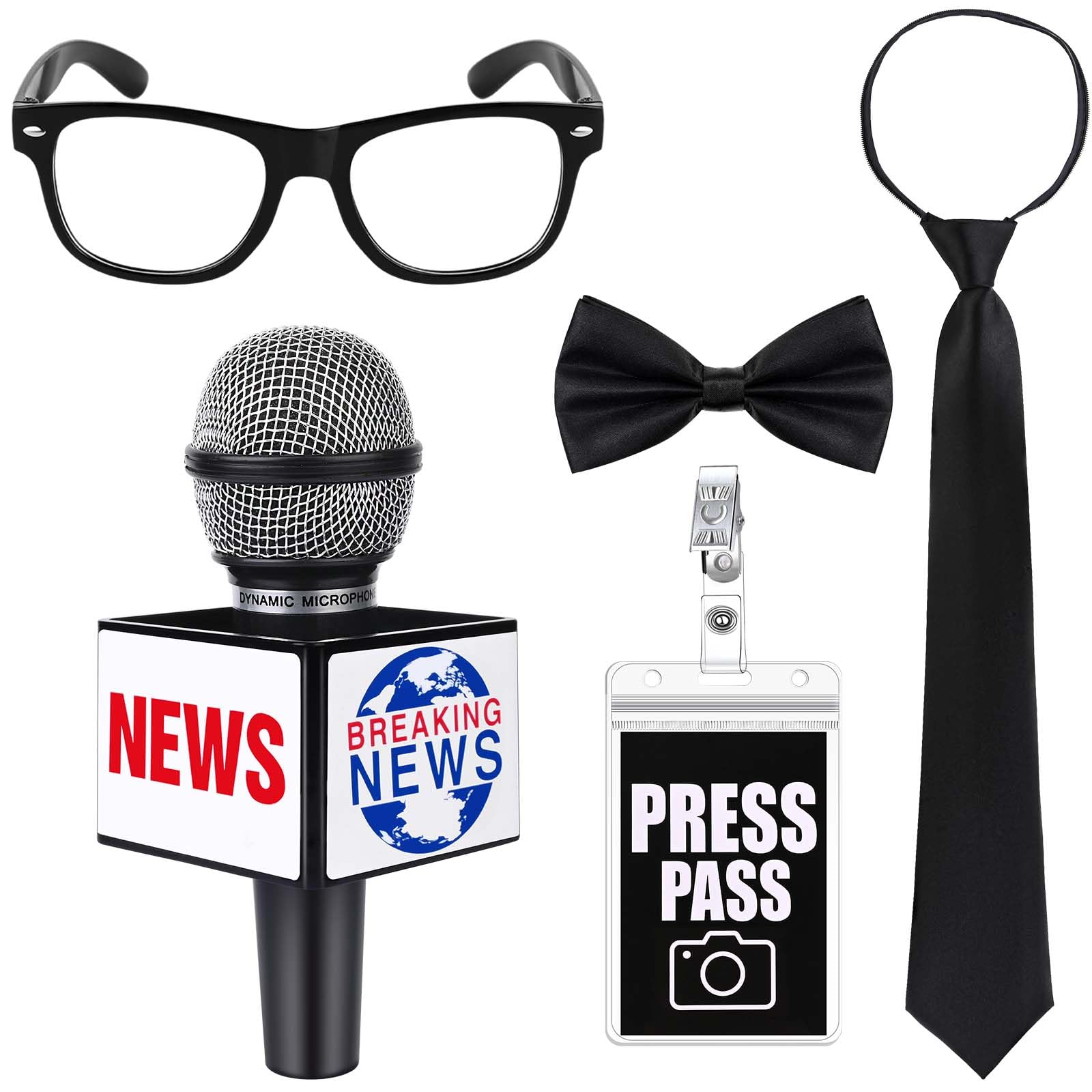 Photo 1 of Kuscul Journalist News Reporter Costume Accessories Set Press Pass Microphone Prop Glasses for Career Day School Cosplay Costume (Style1)