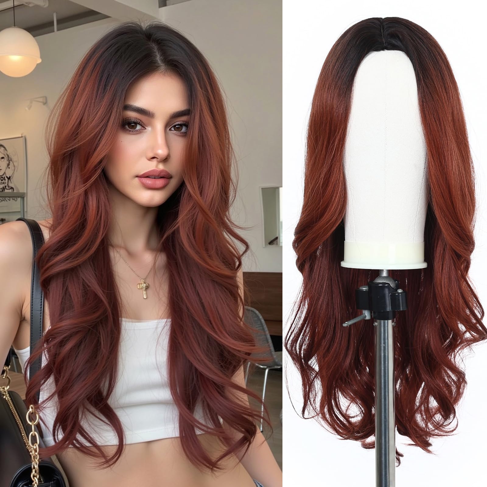 Esmee 24 Inches Ombre Red Brown Wigs for Women Synthetic Heat Resistant Fiber Natural Long Wave Wigs for Daily Party Cosplay Wear — image 1