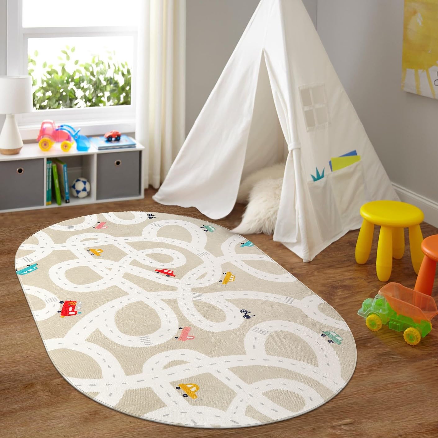 Photo 1 of LIVEBOX 4'x6' Toy Car Rug for Kids Room, Machine Washable Area Rug, Non-Slip Road Mat for Playroom, Educational Car Playmat for Nursery, Skin-Friendly Carpet for Bedroom, School