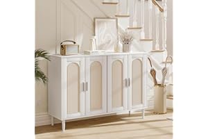 Rattan Buffet Cabinet with Storage, 4-Door Sideboard with Power Outlet & Adjustable Shelves,Coffee Bar Console Table for Kitc
