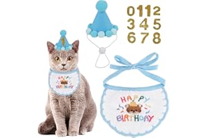 PTDECOR Cat Birthday Party Supplies, Blue Hat with Numbers Cat Bandana Pet Decorations for Kitten Birthday Outfits (Blue)