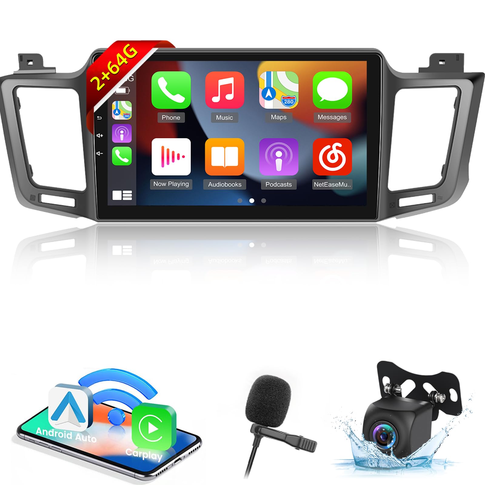 Photo 1 of 2+64G Android Car Radio for Toyota RAV4 2013-2019 with Wireless Carplay & Android Auto - 10.1 Inch Touchscreen Radio with Equalizer, WiFi, GPS, SWC + AHD Backup Camera & Micron