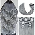 UGOTRAYS Silver Grey Clip in Hair Extensions Real Human Hair, 70G Gray Remy Human Hair Clip in Extensions 15 Inches Soft Silky Straight for Full Head 7pcs 16clips One Pack (15 Inch #Silky/Gray)