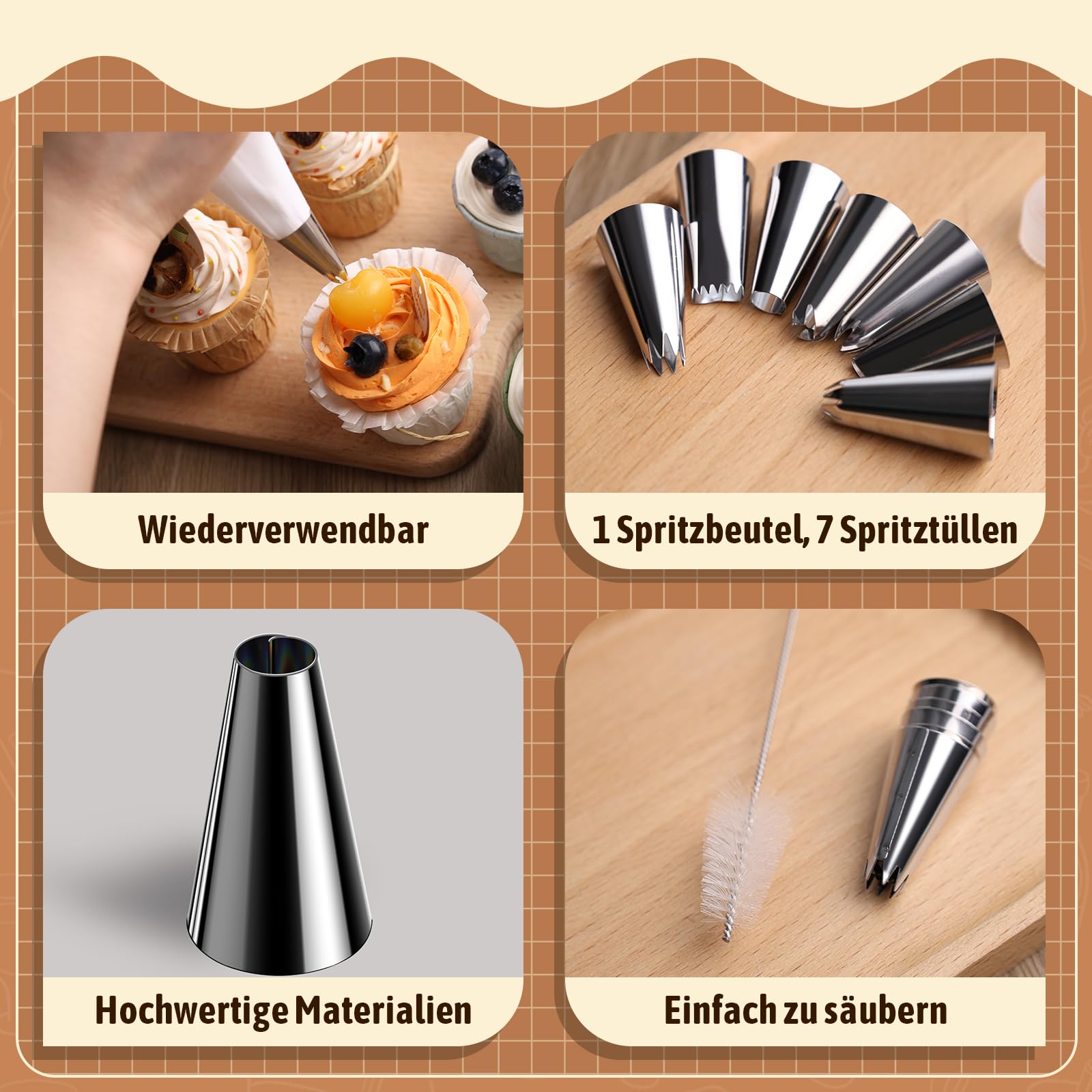 HAKACC Spritzbeutel-Set, 1 Wiederverwendbaren Spritzbeutel + 7 Spritztüllen + 1 Kuchen Kupplung + 1 Kleinen Pinsel für Backzubehör Torten Dekoration Cupcakes