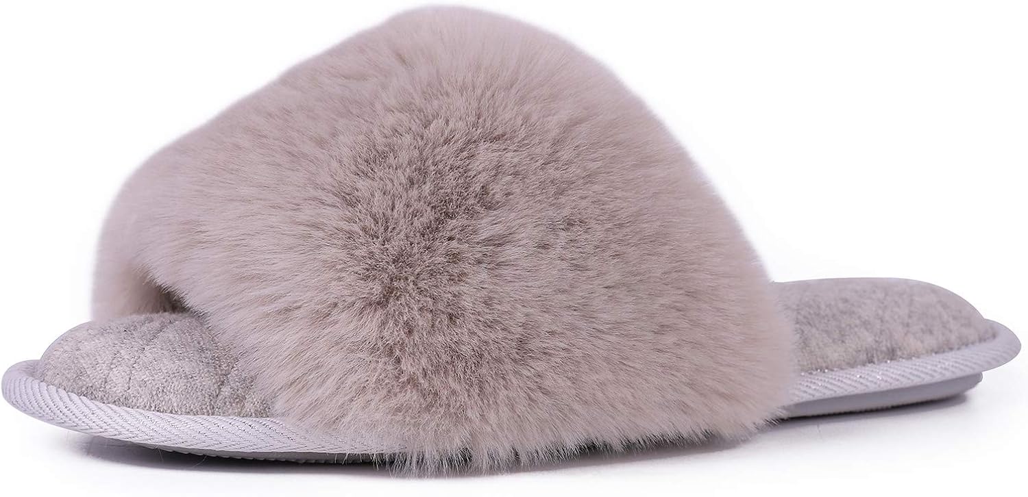 LongBay Women's Fuzzy Faux Fur Memroy Foam Flat Spa Slide Slippers Open Toe House Shoes Sandals
