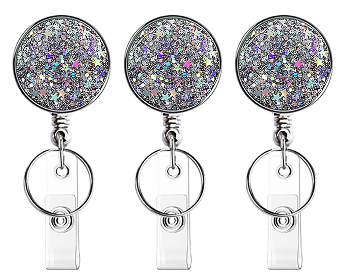 Retractable Badge Holders, Nursing Badge Reel, Badge Clip ID Card Holders for Volunteer, Teacher, Student, Office Worker (Glitter Silver 3 Pack)