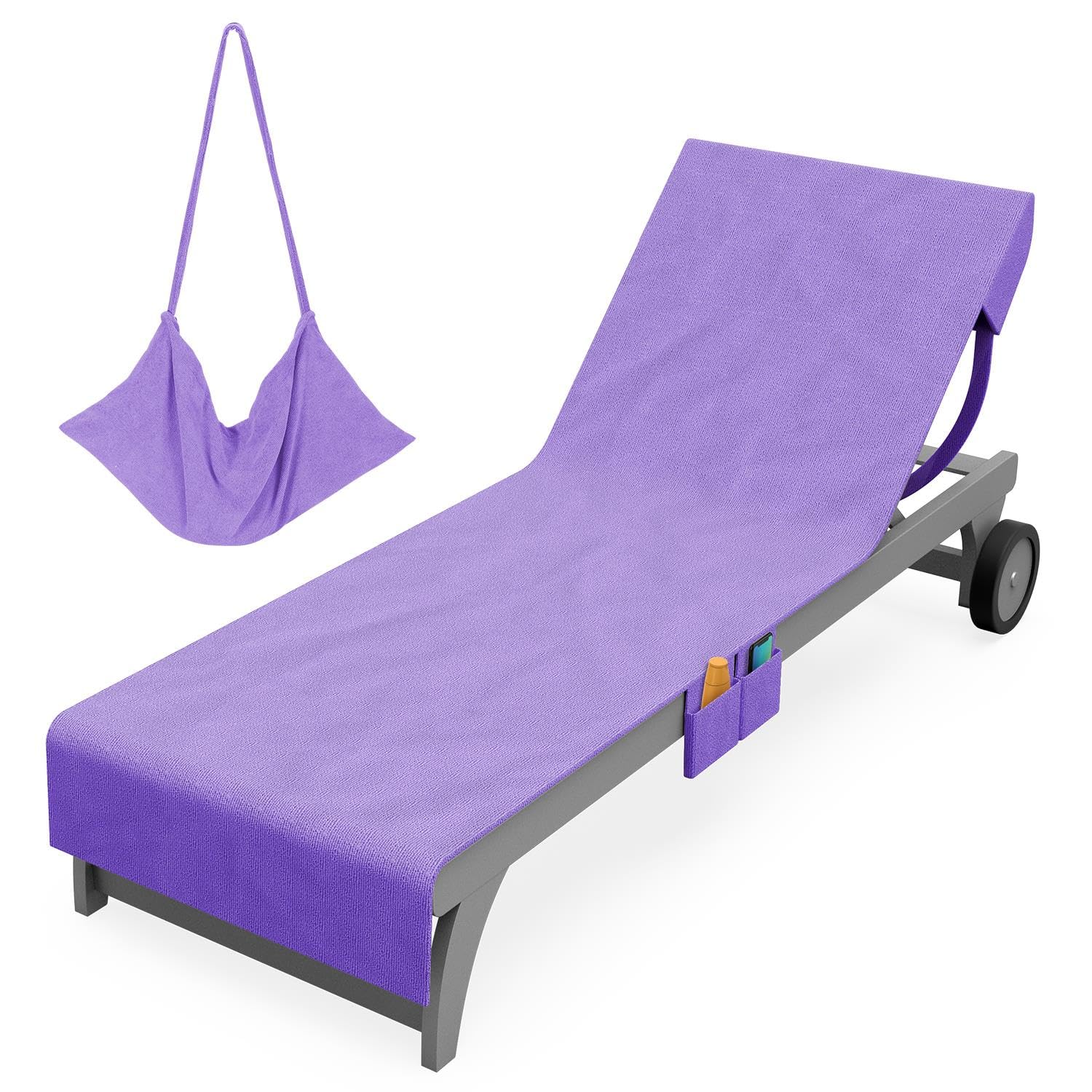 Vinsani Sun Lounger Beach Towel Carry with Pockets Sand Free Compact Bag Soft Microfibre Quick Dry Lightweight 215 x 73 cm for Holiday Summer Garden Swim Pool Beach Lounger Towels – Purple