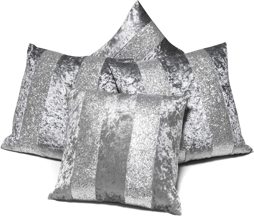 Red Rainbow Set of 4 Grey or Black Silver Sparkle Glitter Stripe Crushed Velvet Cushion Covers (Grey & Silver, 22" x 22")