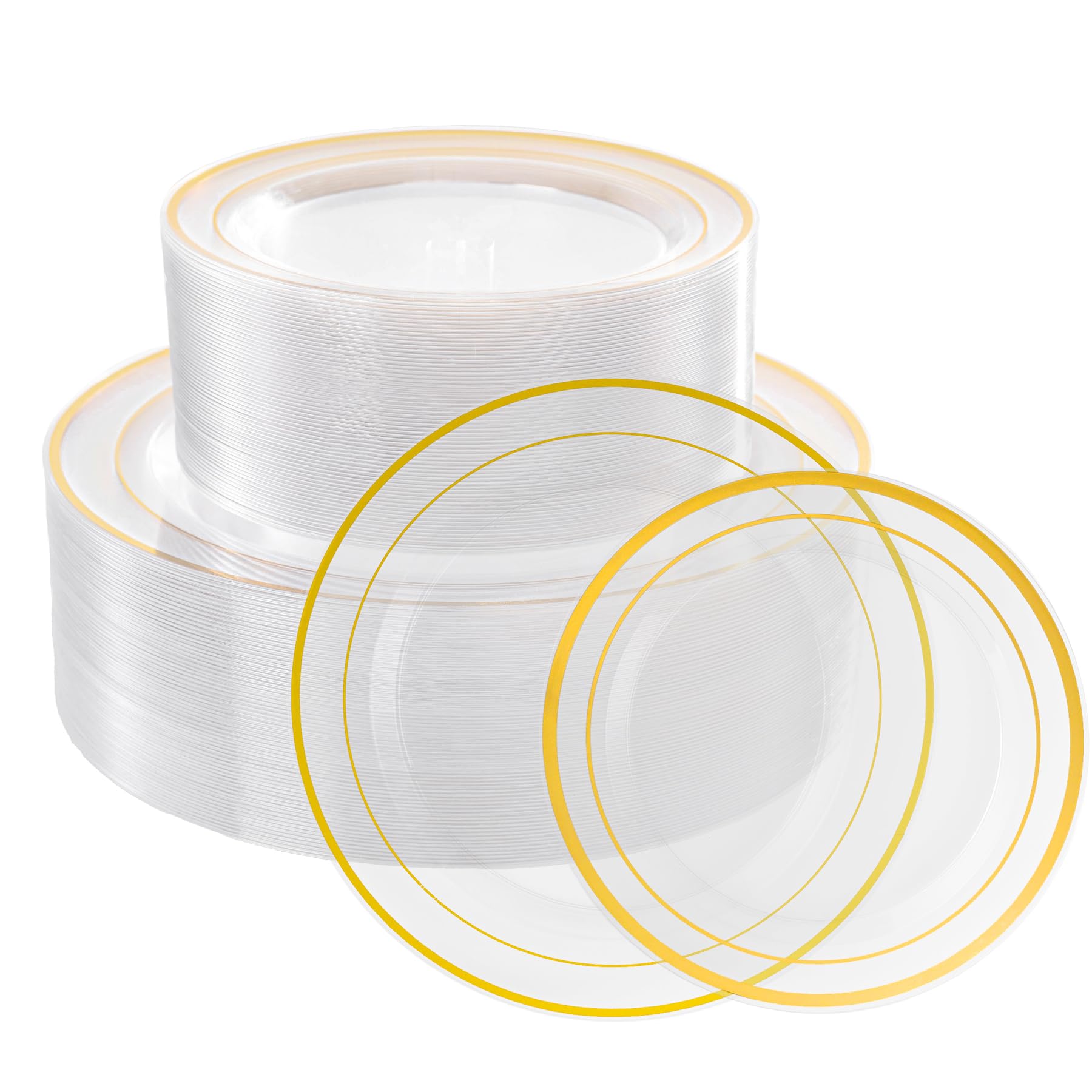 Photo 1 of Lullaby 102PCS Clear Plastic Plate with Gold Rim, Includes 51pcs Dinner Plates 10” and 51pcs Dessert Plates 7”, Disposable Elegant Plate for Birthdays, Parties and Wedding