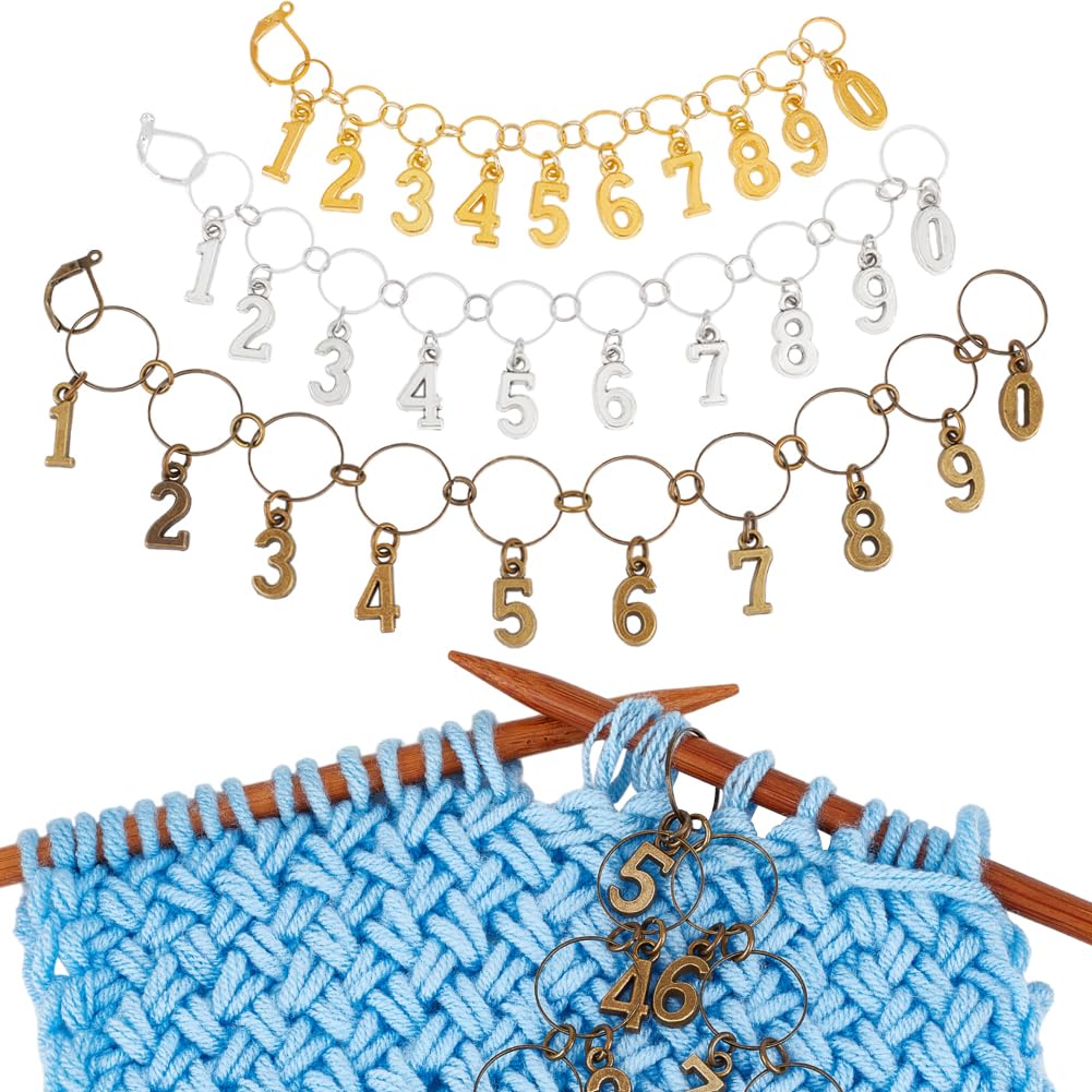BENECREAT 3Pcs 3Colors Brass Knitting Row Counter Chains, Alloy 0 to 9 Number Charm Metal Stitch Markers for Knitting Weaving Sewing Accessories