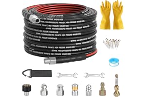 SITIMIMIL Sewer Jetter Kit for Pressure Washer 50FT, Drain Cleaner Hose 1/4 Inch NPT, NPT Corner Swivel and Push Button Nose Sewer Jet Nozzle Wrenches Gloves Waterproof Tape Pearl Brooch,5800PSI
