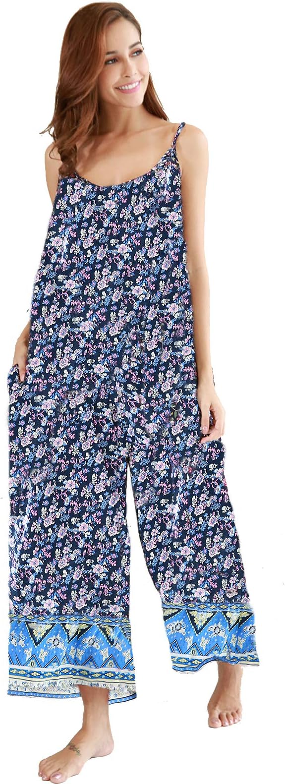 Women's V Neck Floral Maxi Dress Boho Printed Adjustable Spaghetti Strap Ethnic Beach Long Dress with Pockets