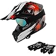 XFMT DOT Youth Kids Motocross Offroad Street Dirt Bike Helmet Goggles Gloves ATV Mx Helmet, Black Red Firework