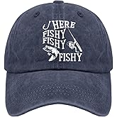 Fishing Here Fishy Fishy Fishy Caps Funny Golf Hat Pigment Black Dad Hat Gifts for Him Hiking Caps