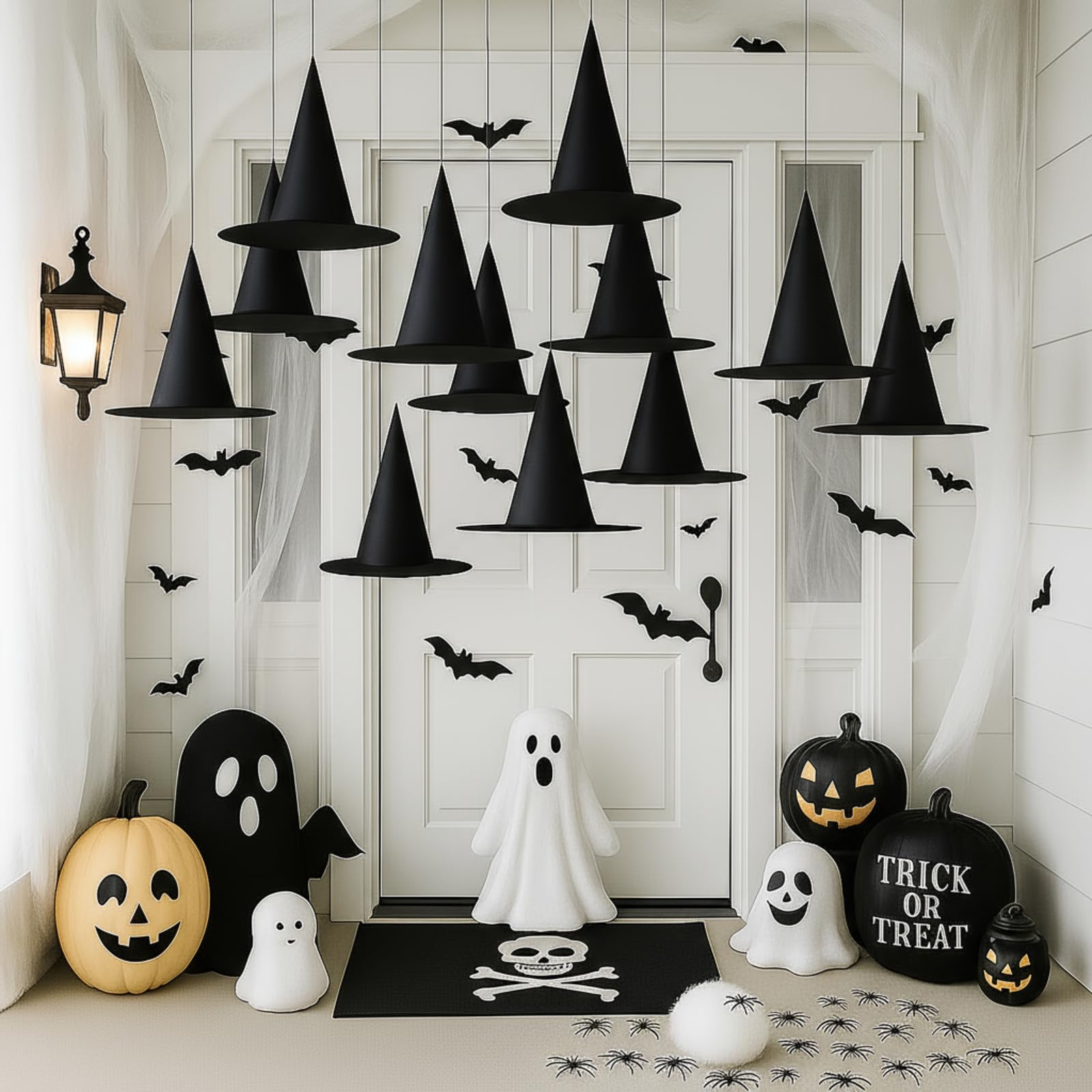 Photo 1 of 69 Pcs Halloween Witch Hats Decorations Include 12 Pcs Black Witch Hats 24 Pcs Bat Decoration 30 Pcs Fake Spiders 2 Pcs Creepy Cloth 60g Spider Web for Yard Indoor Outdoor Decoration (Trendy Style)
