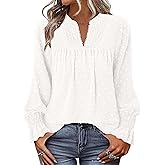 BETTE BOUTIK Women Boho Long Sleeve Shirts Dressy Casual V Neck Fall Fashion Tops Swiss Dot Flowy Blouses