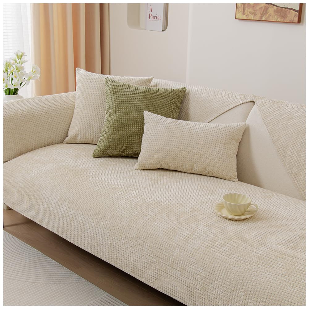 NUODWELL Soft Chenille Sofa Cover 1/2/3/4 Seater, Universal Non-Slip L Shape Couch Cover, Thick Sofa Protector Quilted Corner Slipcovers Washable for Living Room (Beige-B, 90 * 120cm)