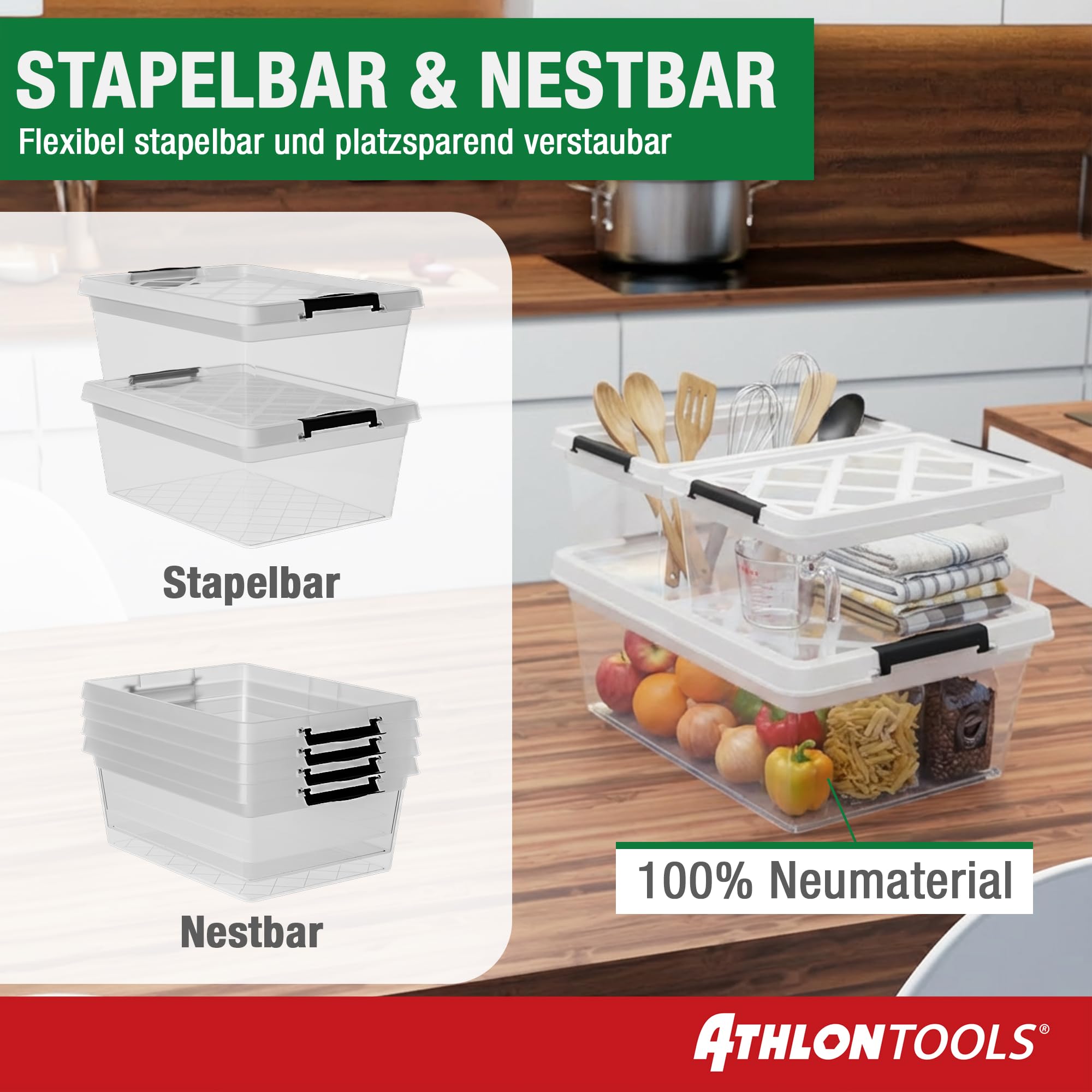 ATHLON TOOLS 4x 60 L Aufbewahrungsboxen mit Deckel, lebensmittelecht - Verschlussclips - 100% Neumaterial Plastik-Box transparent - Kleiderboxen stapelbar… 5