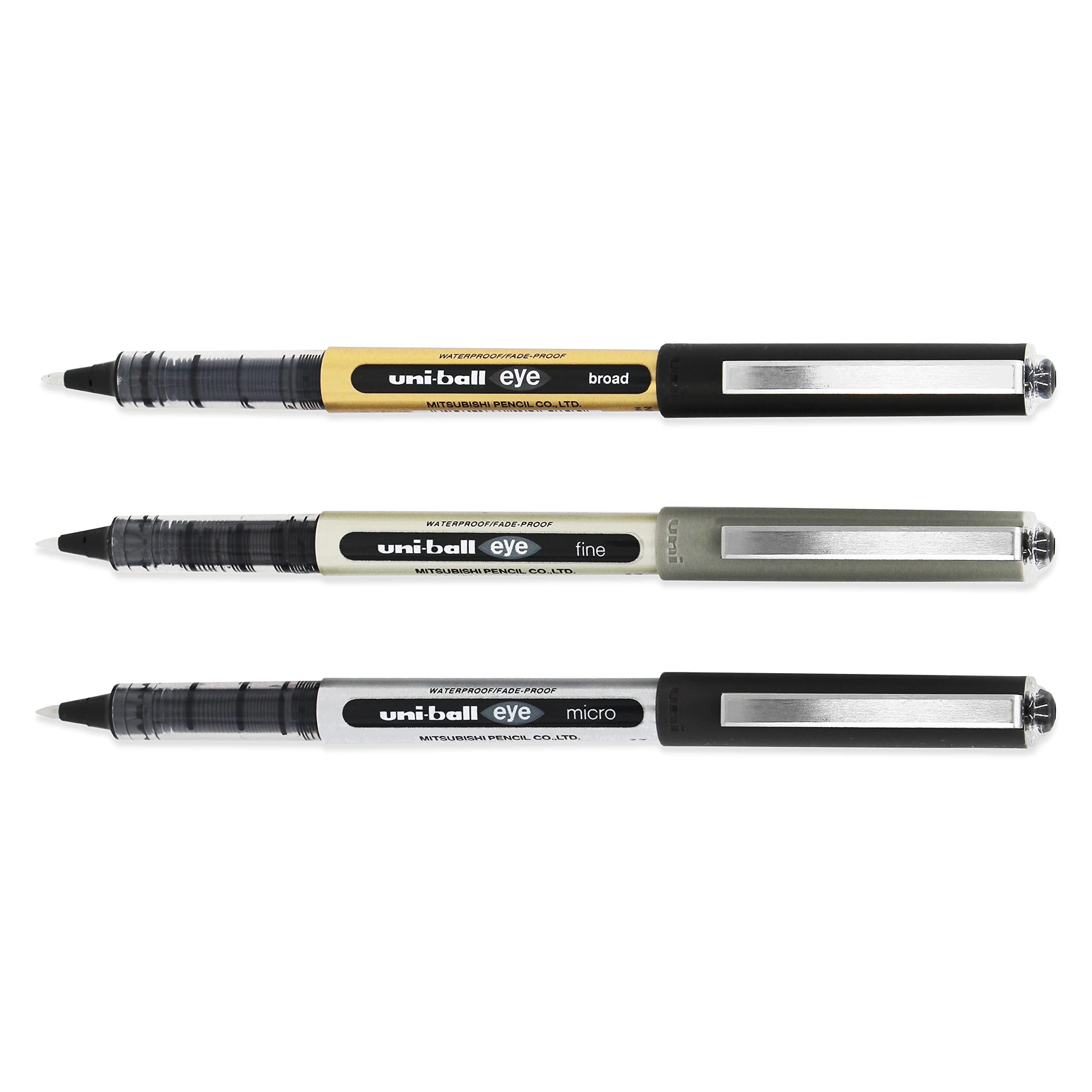 uni-ball EYE - Liquid Ink Rollerball Pens - 0.5mm / 0.7mm / 1.0mm Nib - Black - Pack of 3