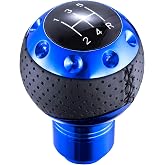 Arenbel 5 Speed Leather Car Shifter Ball Manual Gear Stick Shift Knob | Stitched Perforated Spherical Knob, JDM Racing Interior Upgrade Fit Most Manual Transmission Vehicles, Polished Blue Aluminum