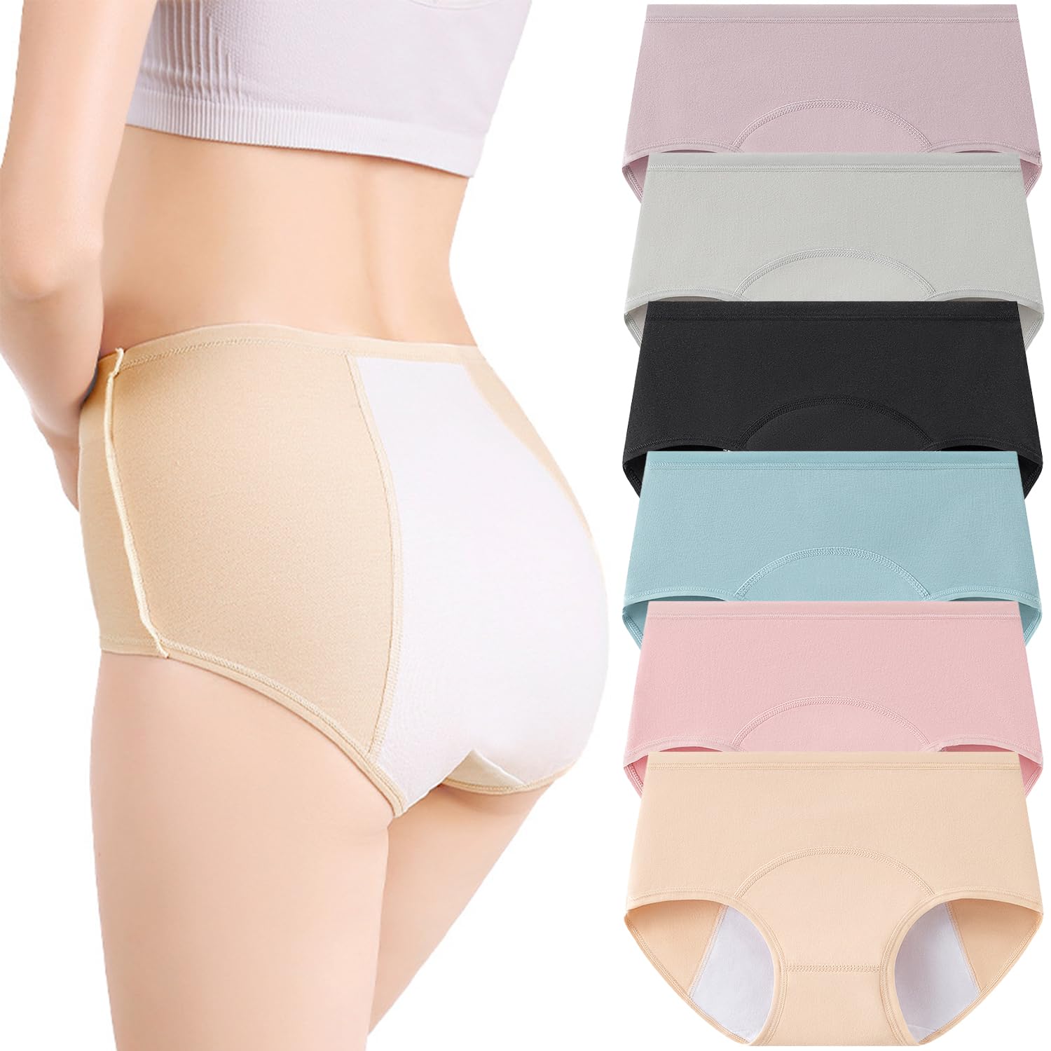 Hornice Women Menstrual Underwear Three Layers Leakproof Cotton Knickers Pants Washable Period Panties Postpartum Protective Briefs (Must Wear with Pad or Tampon) 6 Pack