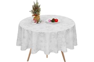 BLEUM CADE Christmas Tablecloth, Grey White Snowflake Table Cloth, Gray Xmas Waterproof Tablecloths for Dining Kitchen Winter Holiday, Spill-Proof Table Cover for New Year Party Home Decor, Round 60 Inch