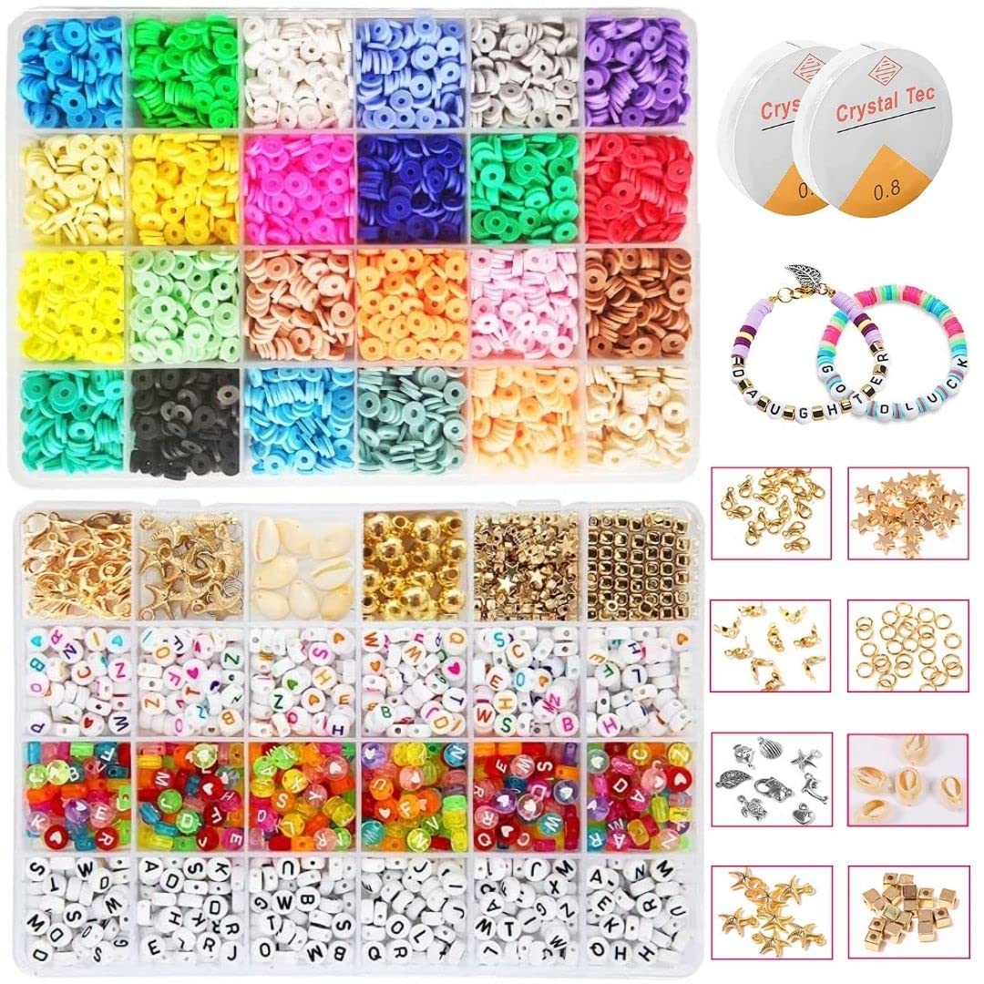 24 Colour Polymer Clay Bead 7000pcs Jewellery Making Set - 800+ Letters - Bracelet, Necklace, Earring Kit - 6mm Flat Round Clay Heishi Beads for Jewellery Making