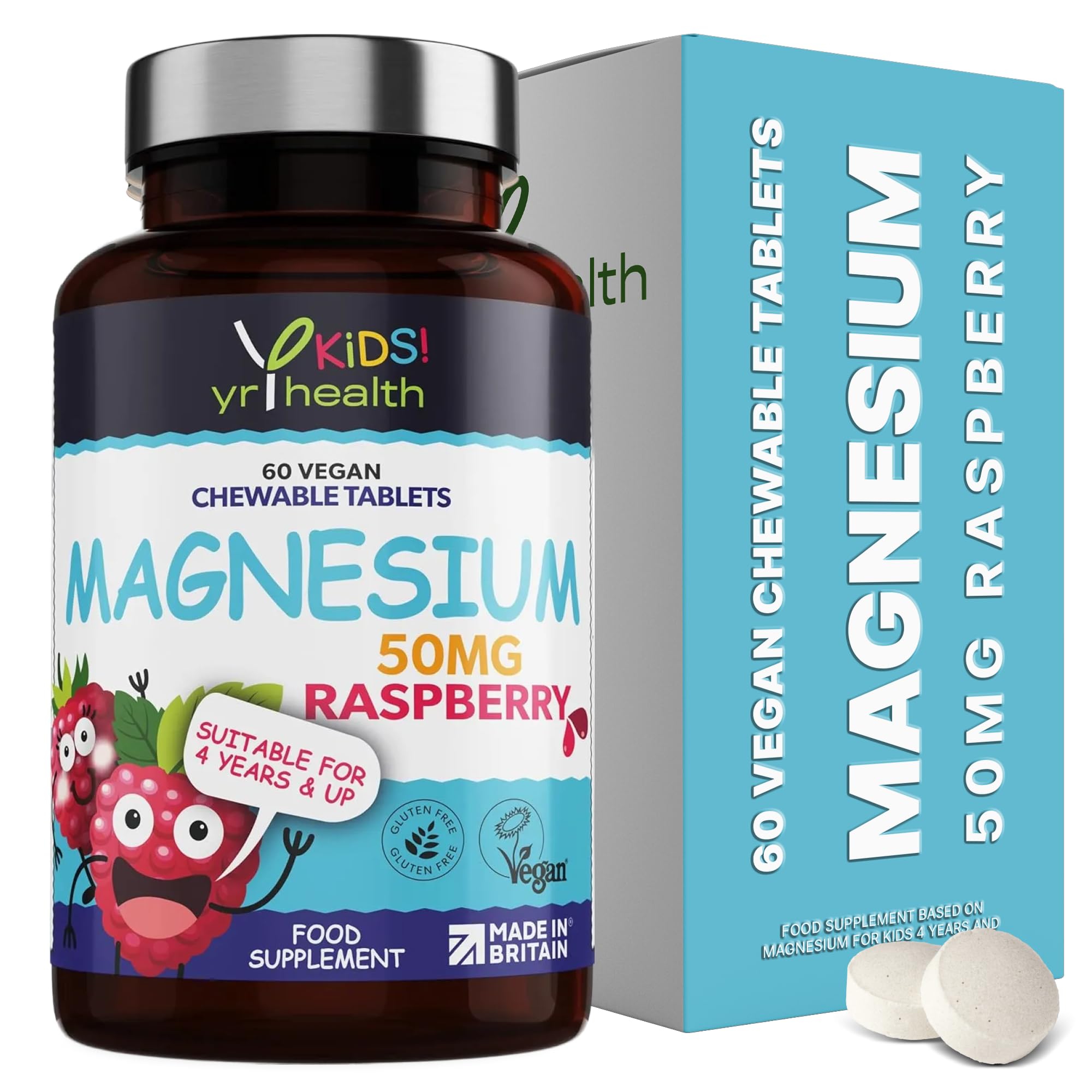 Kids Magnesium Tablets for Sleep, Anxiety and Ticks, 50mg Chewable Raspberry Flavour Magnesium for Kids, Vegan Society Registered Tablets not Gummies, 2 Months Supply - Made in The UK By YrHealth
