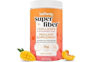 Bellway Super Fiber Powder + Collagen, Sugar-Free Psyllium Husk Powder with Collagen Peptides and Hyaluronic Acid for Digestive Health, Healthy Skin, Nails, Bones & Joints, Peach Mango (20 Servings)