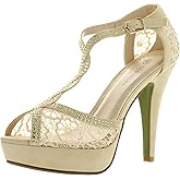 TOP Moda Womens Hy5 Formal Evening Party Lace Ankle T-Strap Peep Toe Stiletto High Heel Pumps