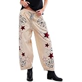 Mid Rise Embroidered Barrel Jeans Women Wide Leg Boyfriend Baggy Jeans | Starry Print Embroidered,Elastic Waistband,Wide-leg Style