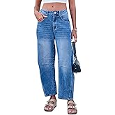 GREAIDEA Mid Rise Barrel Jeans for Women Wide Leg Mid Waist Cropped Cotton Pants Y2k Baggy Boyfriend Jeans with Pockets