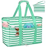 TEUEN Large Beach Bag with Zipper, 12 Pockets Waterproof Sandproof Pool Bag Womens Mesh Beach Tote Bag for Travel Vacation
