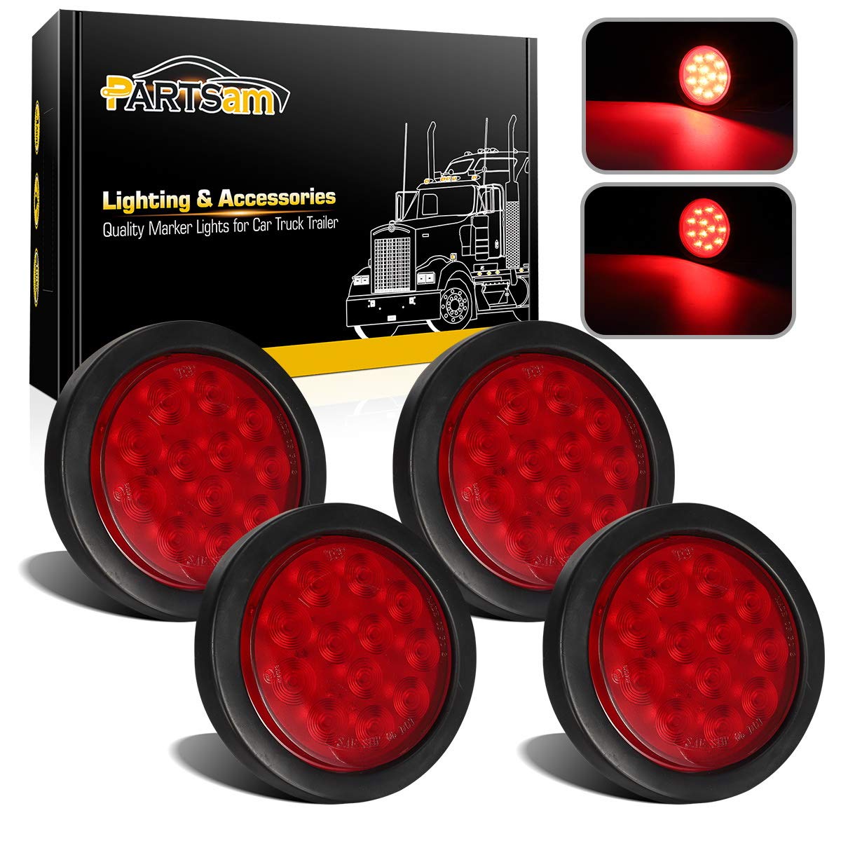 Photo 1 of Partsam 4Pcs 4 Inch Round Led Trailer Tail Lights Kit Red 12 LED Waterproof 4" Brake Stop Turn Tail Marker Trailer Lights Sealed Flush Mount for Truck RV Boat UTE UTV 12V Grommet Plug Included
