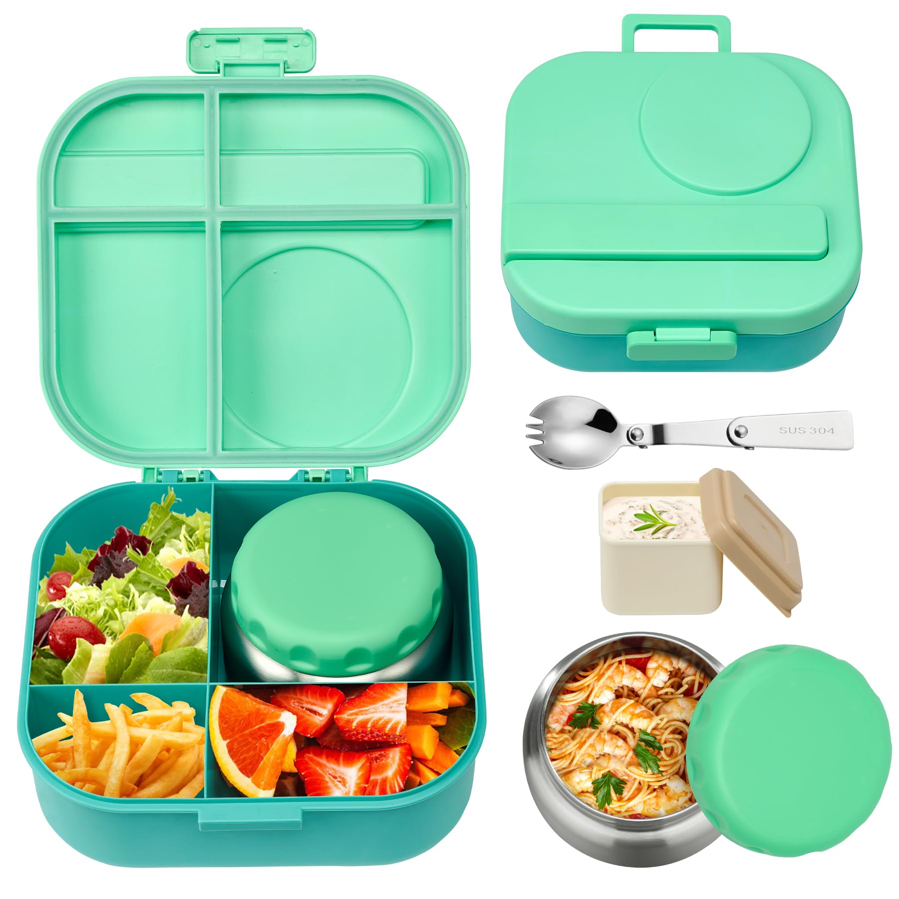 Photo 1 of Aimsnk Bento Lunch Box for Kids with 12oz Soup Thermo,4 Compartments Lunch Box Containers Kids, Includes Foldable Spoon &Sauce Jar, BPA Free&Leak proof,Insulated Food Jar for Travel,School,Picnic