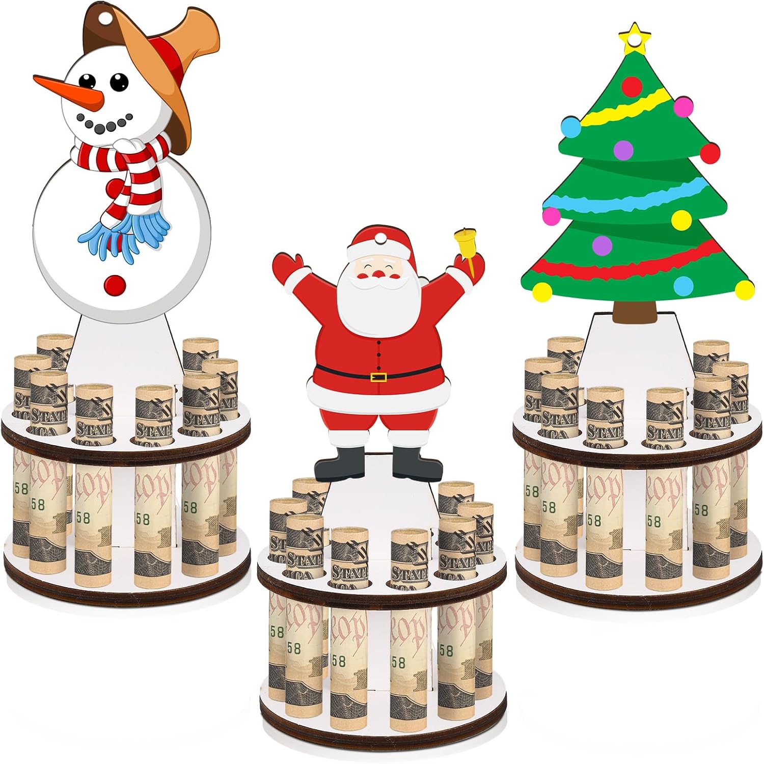 Tree Stands - 3 Pcs Wooden Christmas Money Holder for Cash Gift with 10 Holes for Placing Money Christmas Tree, Santa, Snowman Cake Top Xmas Ornaments Table Decor, Blessings Can Be Written on The Back