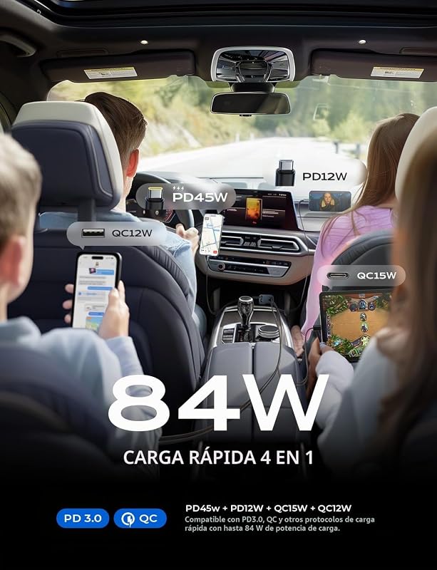 Carregador Retrátil USB-C para Automóveis Carregamento Rápido PD45W Carregador Isqueiro