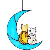 HDCRYSTALGIFTS 6.5'' Valentine’s Day Gift, Cat Lovers Stained Glass Window Hanging Sun Catcher Gifts for Women/Girls, Glass Couple Cat Sitting on Moon Suncatcher for Window, Wall Home Decor