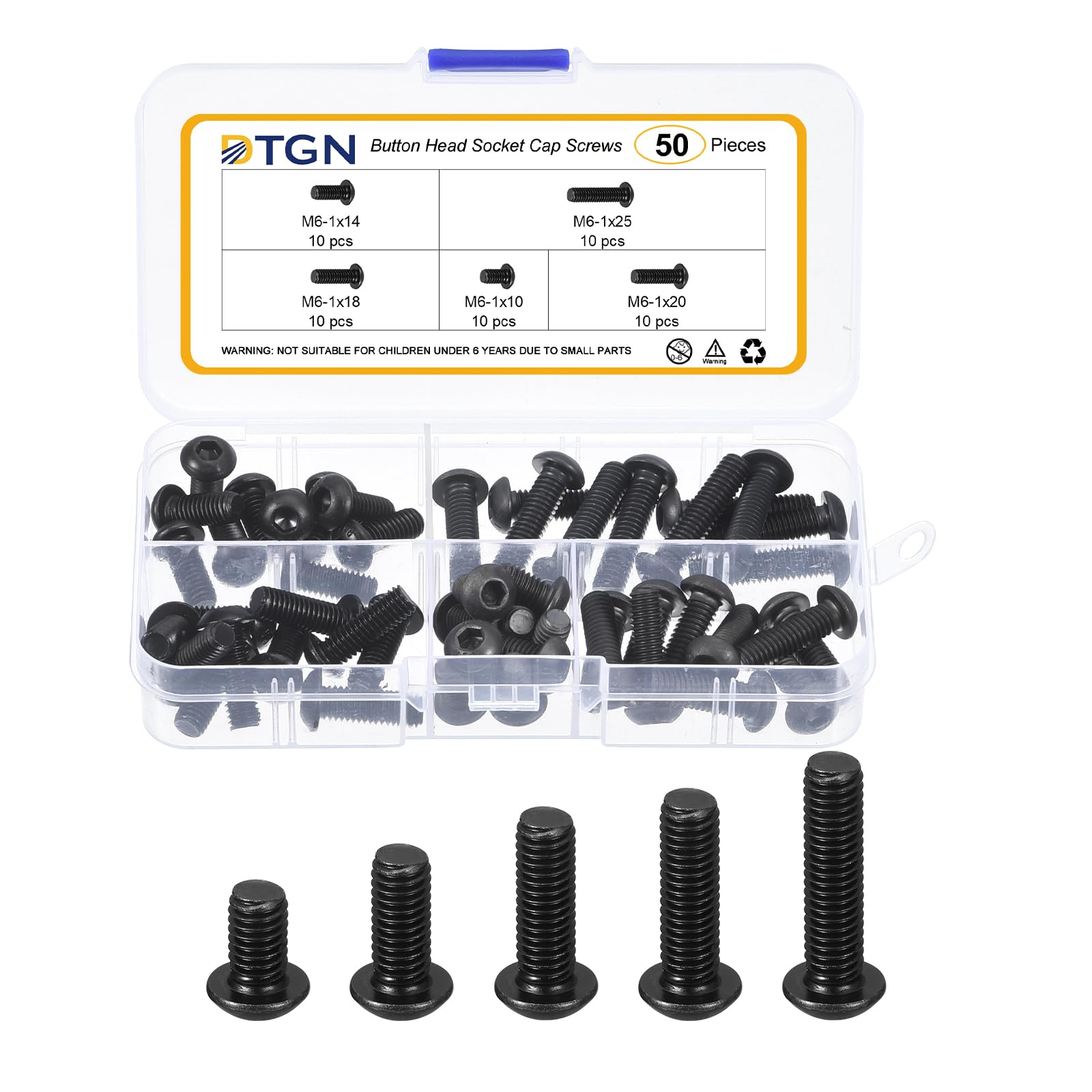 DTGN 50Pcs M6-1x10/14/18/20/25mm Button Head Socket Cap Screws - Carbon Steel Bolt Set Assortment Kit - Good for Road Bicycle, Mountain Bike, Auto