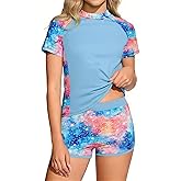 Enlifety 7-16T Girls Swimsuit 2 Piece Bathing Suit Short Sleeve Rash Guard Swimwear Set