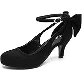Enelauge Women's Mary Jane Bow Closed Toe Vintage Pumps Low Kitten Heel Retro Ankle Strap Buckle Comfortable Vintage Wedding Evening Party Dress Office Work Church Shoes