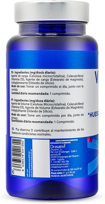 Vitamina D3 4000UI Drasanvi em 90 comprimidos diários vegan sem glúten
