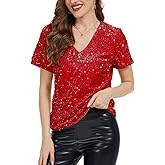 Ellunis Womens Sequin Tops 2025 Velvet Glitter Party Short Sleeve Sparkle Blouses V-Neck Sequence Shirts